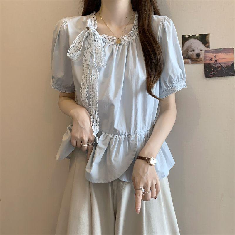 

Ladies Bow Tie Tied Solid Color Shirts Sweet Women s Loose Short Sleeved Blouses Summer Bubble Sleeve Fashion Female Shirt XXL