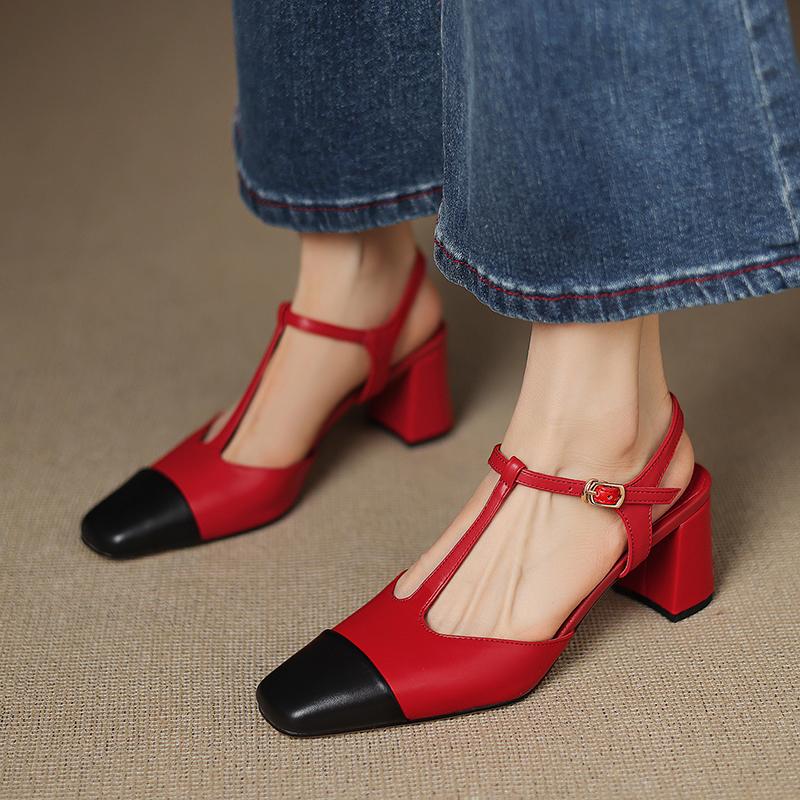 Fashion 2025 Womens Summer Footwear Mixed Colors High Heels Shoes for Woman Genuine Leather Square Toe Casual Shoes Woman Office Pumps