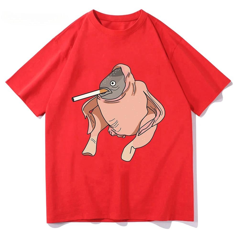 Fish Chicken Smoking A Cigarette Funny Tshirt Cartoon Printed Women Short Sleeve Round Neck Tops Womens TShirt Casual Clothing