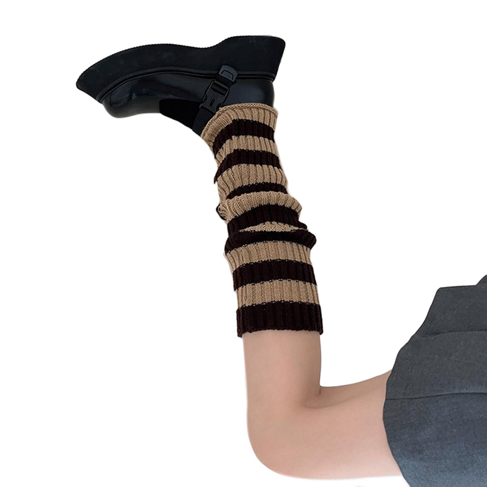 Women Ribbed Knit Warm Foot Cover Stockings Contrast Color Striped Leg Warmers хаки