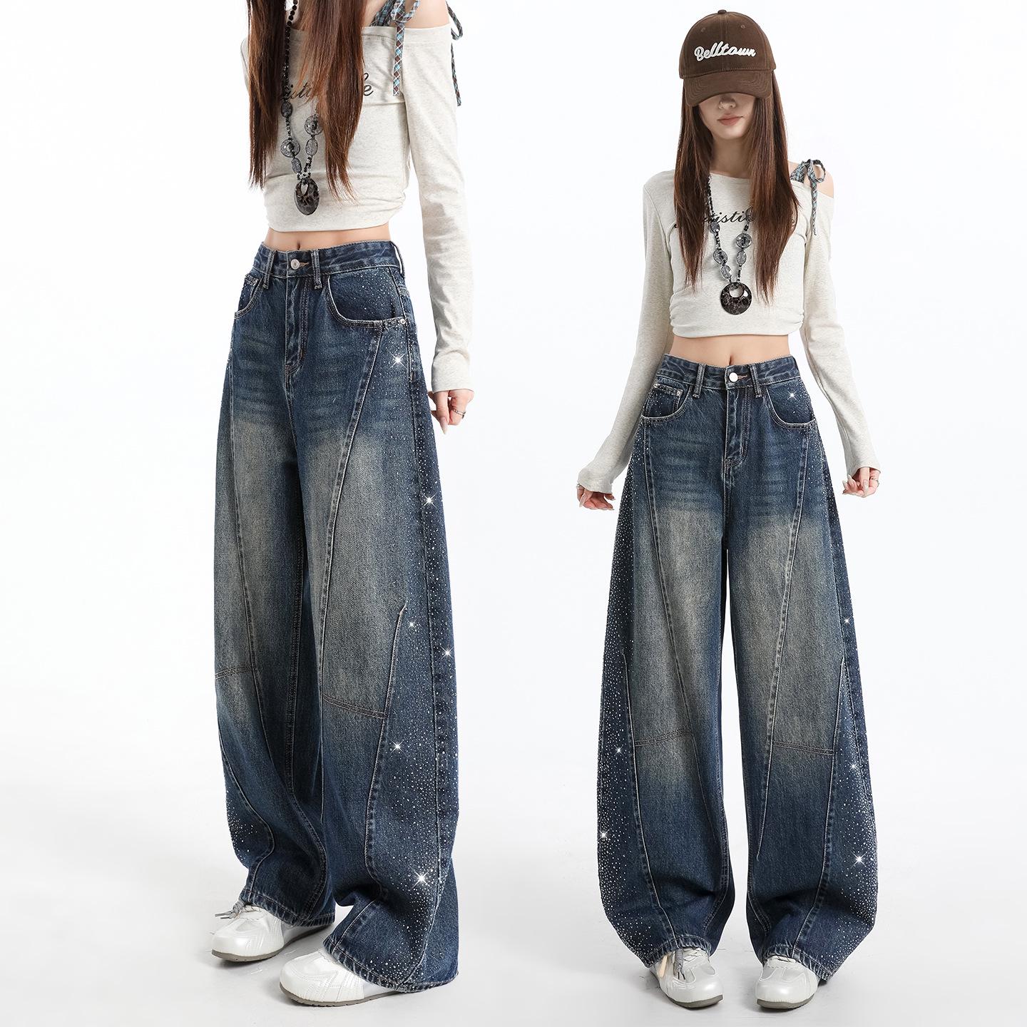 

Starry Sky Rhinestone Wide-Leg Jeans: Women s Spring/Summer Arrival - Slimming Curved Scythe Banana Pants Medium