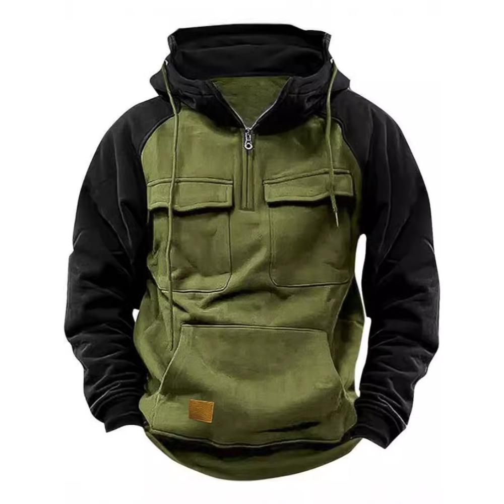 New Men's Off-the-Shoulder Half-Zip Hoodie: Workwear-Inspired Sportswear with Multiple Pockets