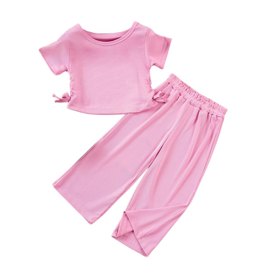 Girls' Sweet Drawstring Set - Short Sleeve Top & Pants Outfit