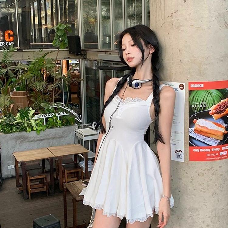 Generic Lace Spliced Sexy Slip Dress With V Neck For Summer Casual And Party Wear