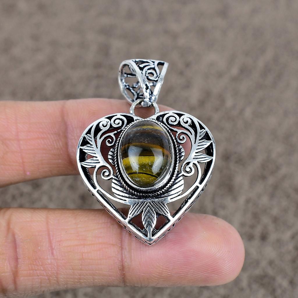 Tiger Eye Gemstone Handmade 925 Sterling Silver Jewelry Pendant 1.77" KKG-24