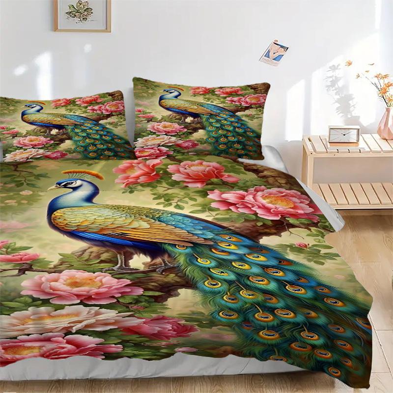 

3pcs Peacock Feather Print Duvet Cover Set - Machine Washable, Includes 1 Cover and 2 Pillowcases, No Core Included yy251013019 135x200cm