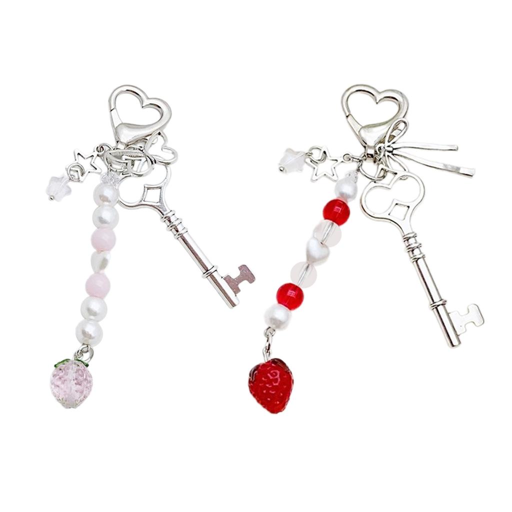 Sweet Cool Girl's Strawberry Heart Lock Butterfly Charm Keychain Bag Pendant Versatile Acrylic Alloy Accessory Keyring