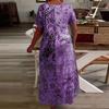 European-American Fashion Casual Vacation V-Neck Printed Long Dress with Short Sleeves