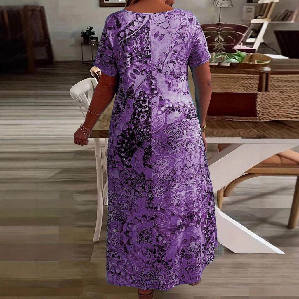 European-American Fashion Casual Vacation V-Neck Printed Long Dress with Short Sleeves