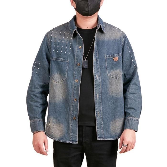 

Джинсовая рубашка с длинным рукавом для мужчин на весну и осень, японская ретро-стирка, рабочая рубашка, повседневная куртка 5XL синий