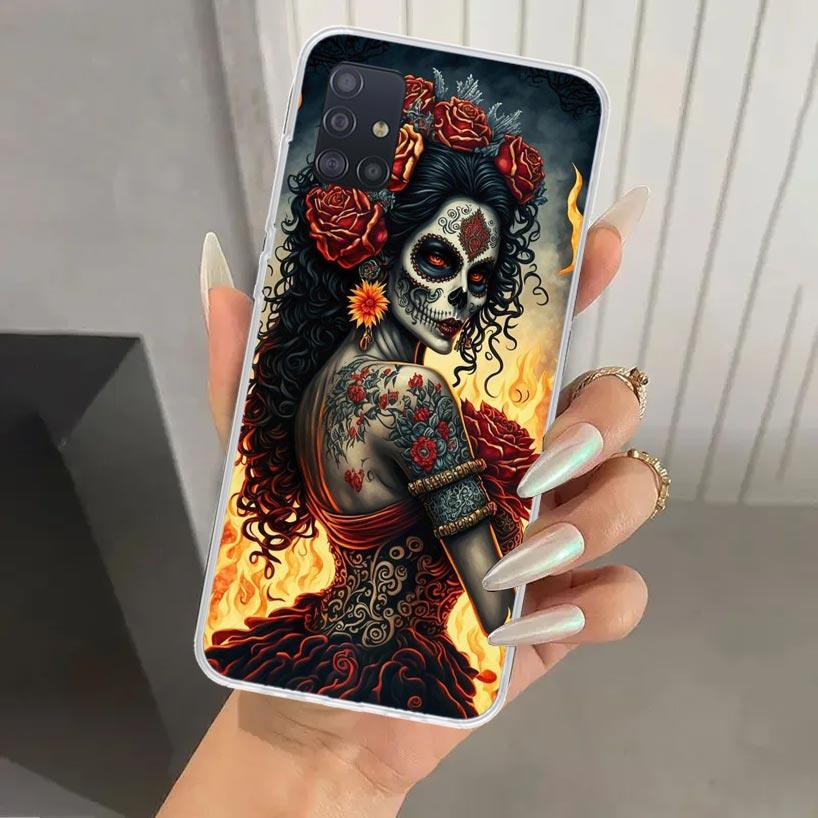 Catrina Beautiful Rose Girl Skull Phone Case for Samsung Galaxy A52 A42 A32 A22 A12 A02S A72 A51 A50S A41 A31 A21S A71 A40 A30S