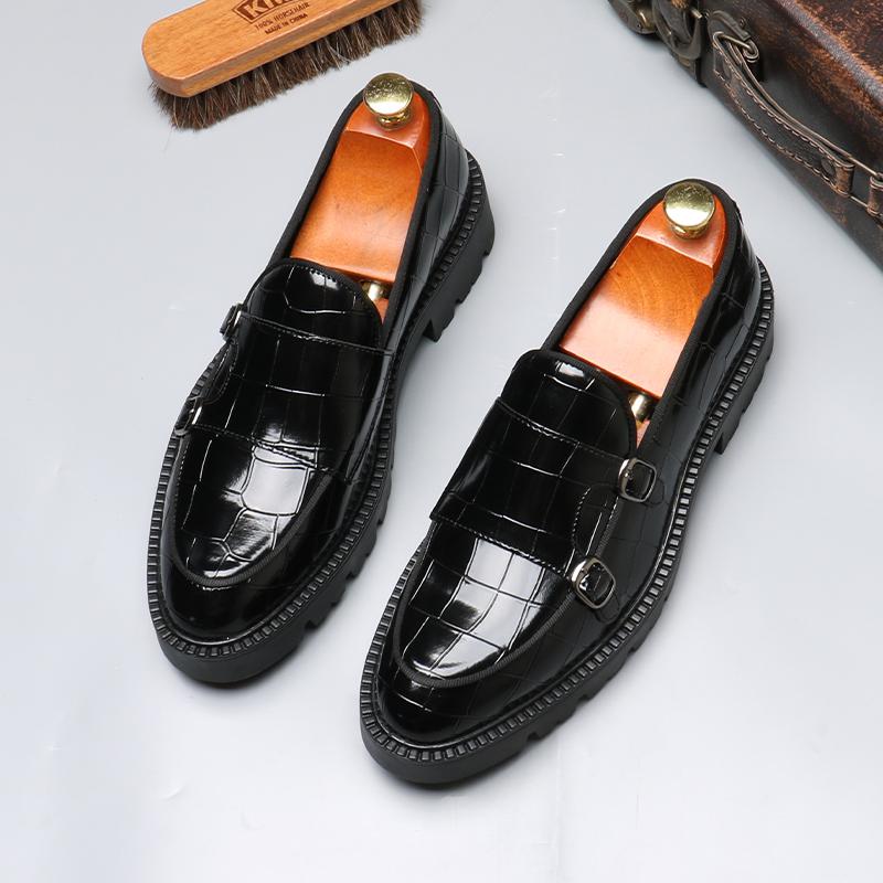 Fashion Men's Casual Leather Shoes Men Classic British Style Monk Loafers Mens Slip-on Thick Sole Heightened Shoe