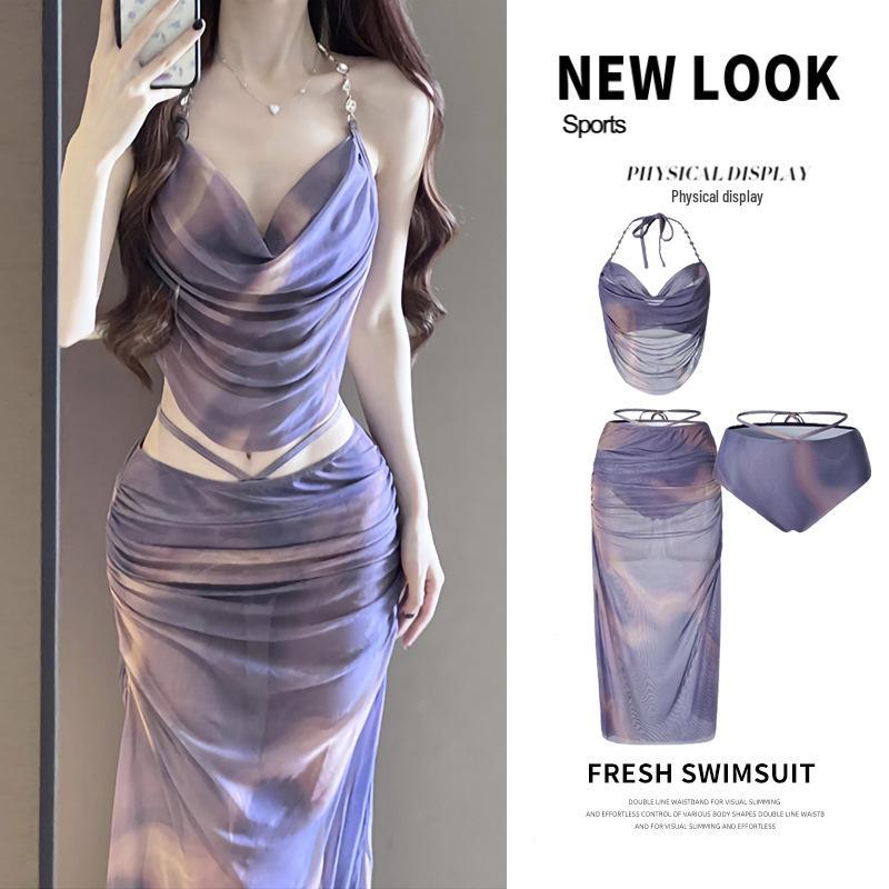 Women's Sexy Three-Piece Bikini Swimsuit: Seaside Holiday, Small Chest Support, Long Skirt Hot Spring Set