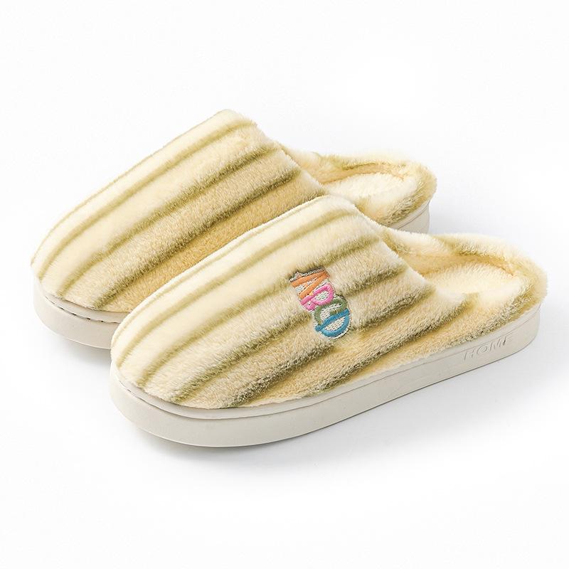 Cotton Slippers Women's Autumn and Winter Indoor Home Non-slip Thick Bottom Couple Style Velvet Warm Color Striped Cotton Drag Men