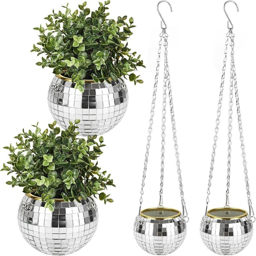 Chain Disco Ball  Flower Planter Wood Base Plant Hanging Basket Hanging Flower Pot  Garden Decor