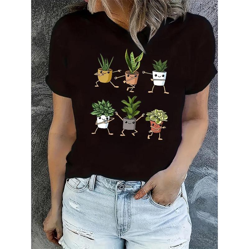 Potted Plant Print Comfy T-Shirt, Round Neck Short Sleeve Sports Tee, Women's Activewear