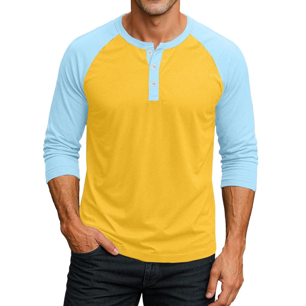 Men's Button-Down Contrast Raglan 3/4 Sleeve Top