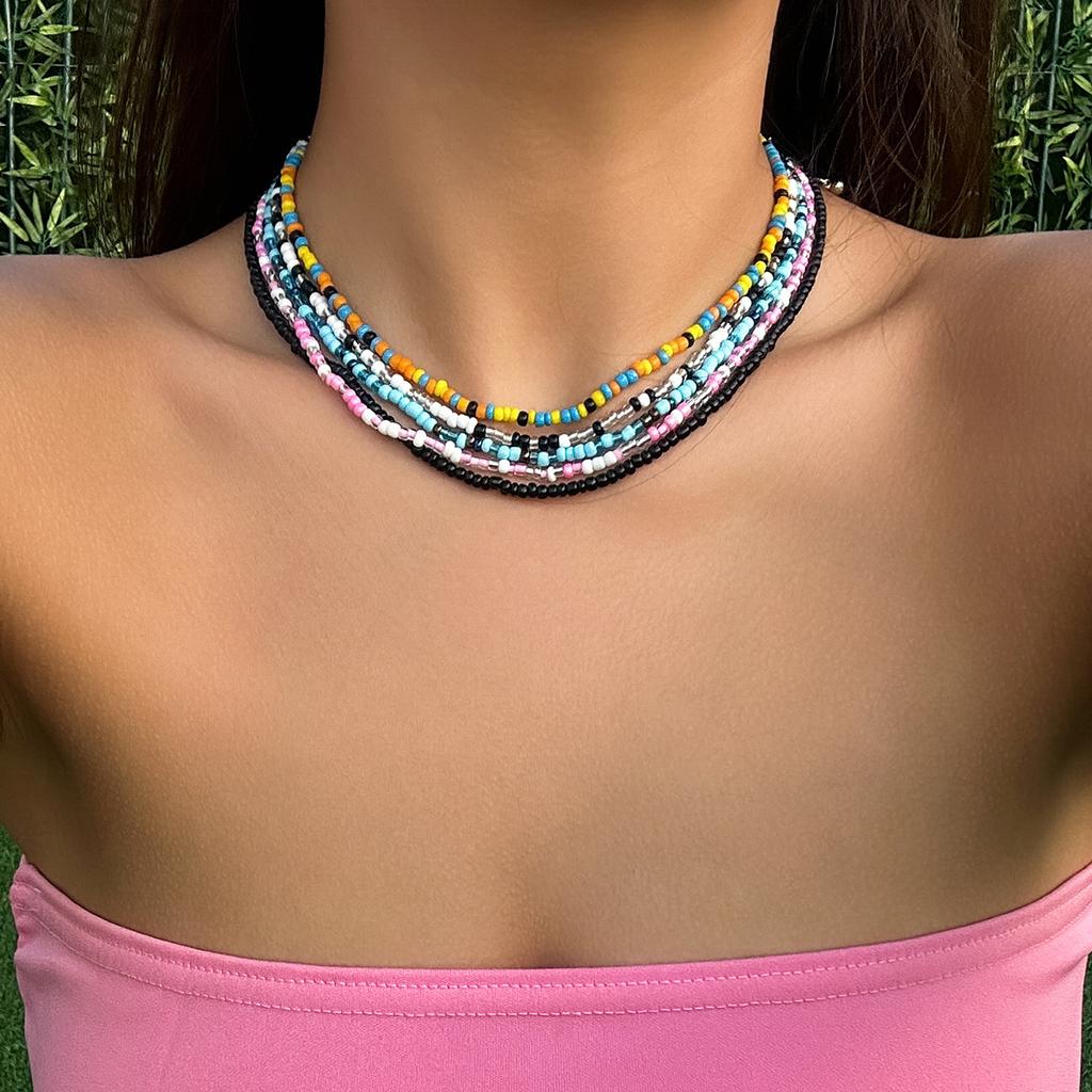 Ensemble 5 pièces Mode Bohème Couleur Dopamine Color-blocking Perles Perles de Riz Collier pour Femmes Été Doux Simple Bijoux Ensembles Accessoire