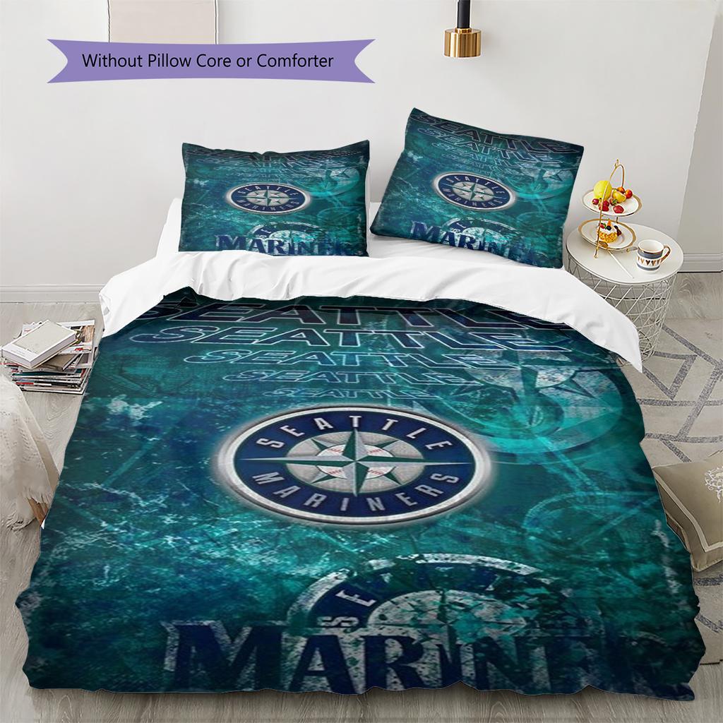Seattle Mariners Logo Pattern Bedding Set Quilt Cover Pillowcase Home Decor Gift (1 * Duvet Cover + 2 * Pillowcase, Without Core)