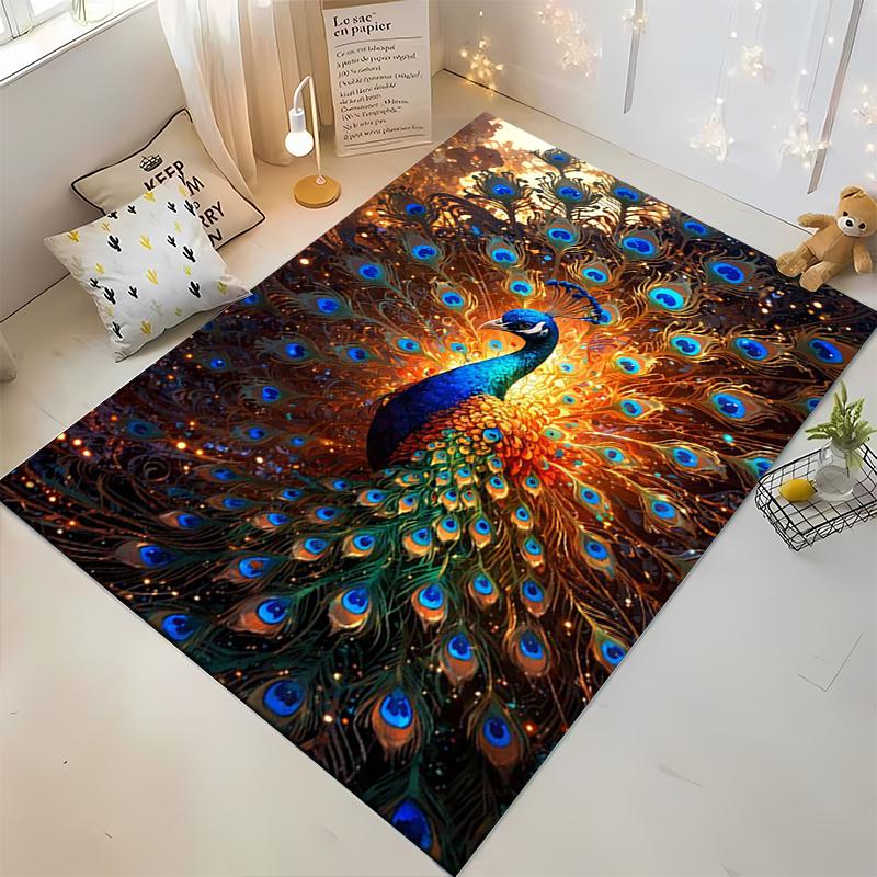 Radiant Peacock with Colorful Feathers Design Rug Non-slip rug suitable for living room and bedroom sofas.