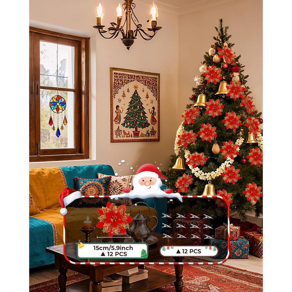 12 Stück Rote Weihnachts-Poinsettien Blumen Dekoration Künstliche Blumen für Weihnachtsbaumschmuck Geeignet für Heim-Weihnachtsdekorationen