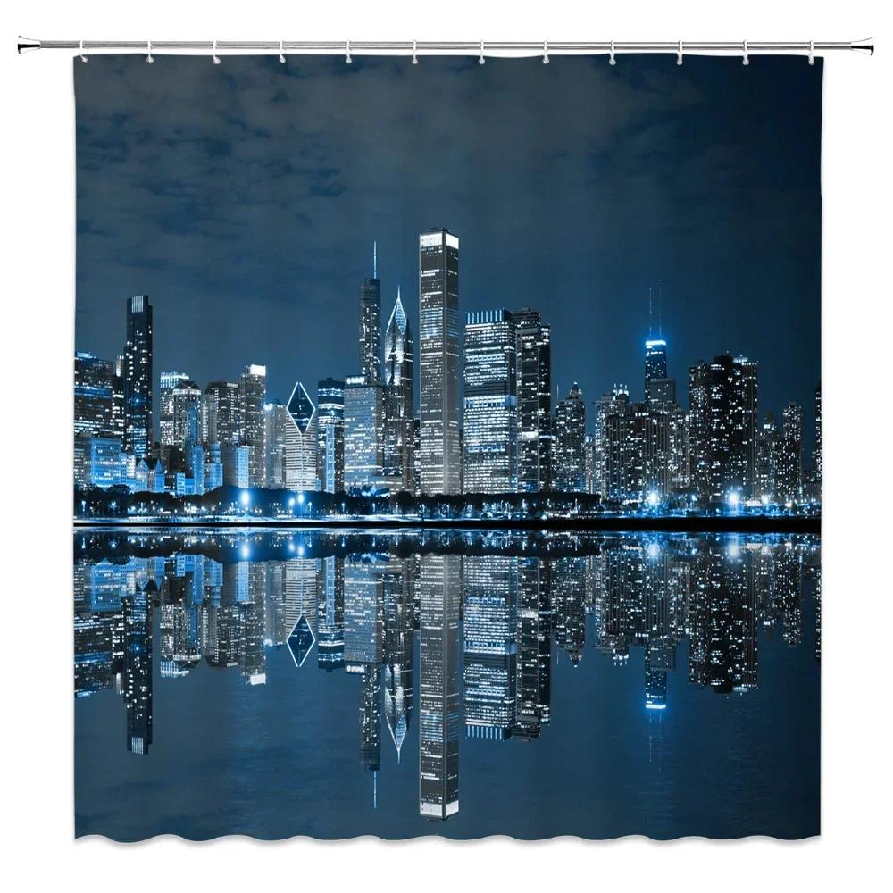 Zasłona prysznicowa Pejzaż nocny Nowego Jorku Miasto Most Budynek Zasłony do kąpieli 3D Retro Czarno-białe zdjęcie Dekoracje łazienkowe Zasłona