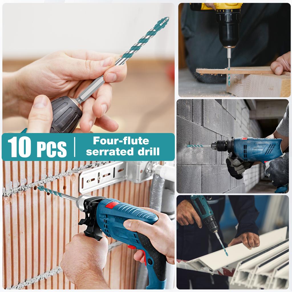 10 Stück Hochfester Exzentrischer Bohrer Vierkant-Sägezahn-Hartmetallbohrer mit 1/4" Sechskantschaft für Betonfliesen-Bohrwerkzeug