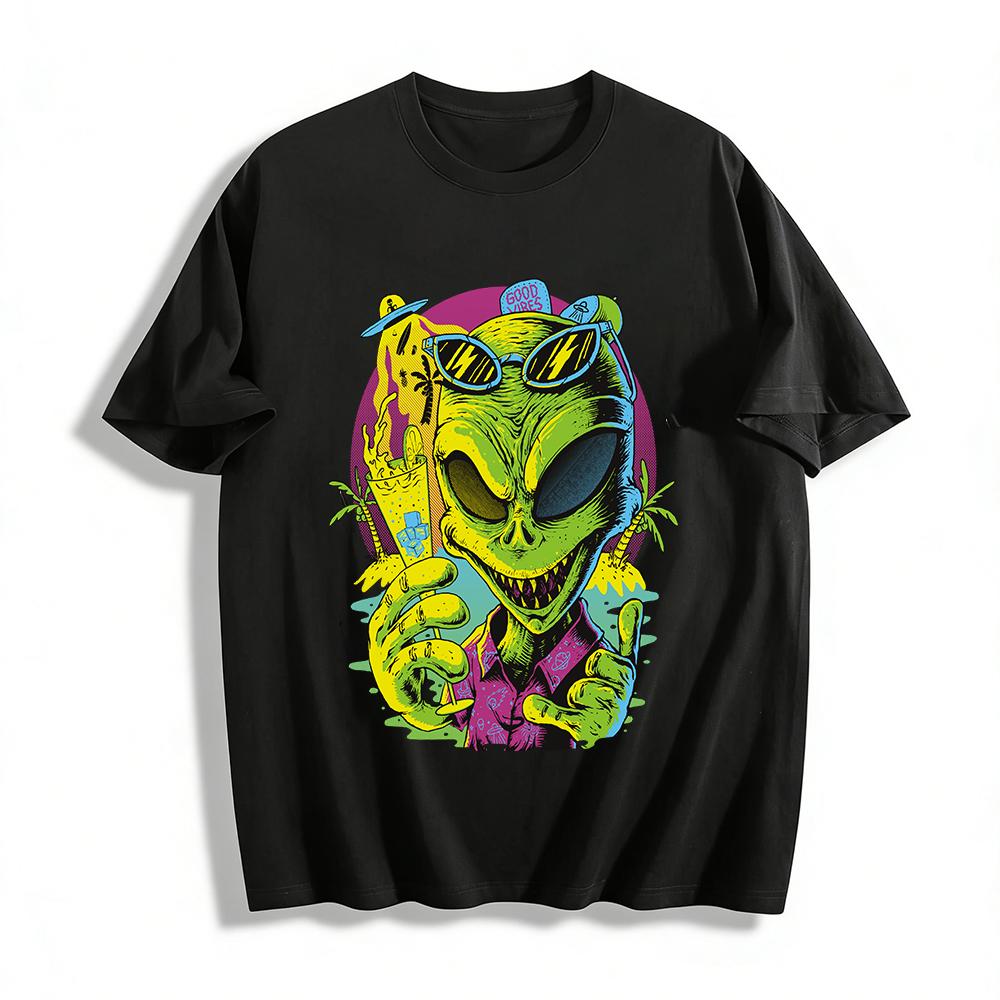 Good Vibes Alien Print Vacation Style Casual Unisex Tee Pure Cotton T-shirt