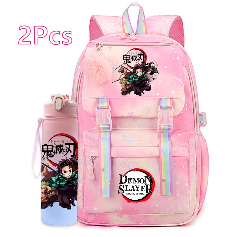 2Pcs/set Cartoon Demon Slayer Printed Backpack with 750Ml Water Bottler for Teenager Bookbag Large Capacity Waterproof Travel Bag