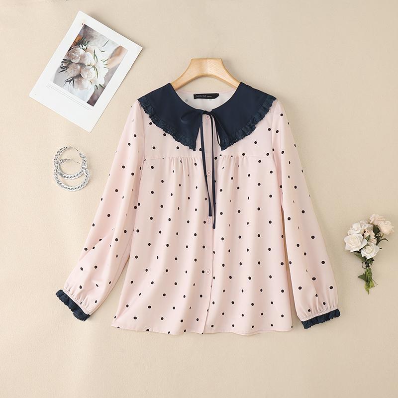 ZANZEA Women Splice Doll Collar Casual Long Sleeve Polka Dot Print Blouse