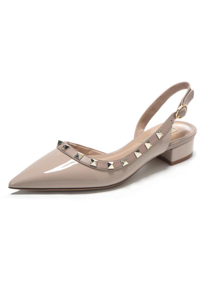 Women's Nude Pointed Toe Chunky Heel Rivet Flats - Patent Leather Closed Toe Sandals for 2025 Spring & Autumn