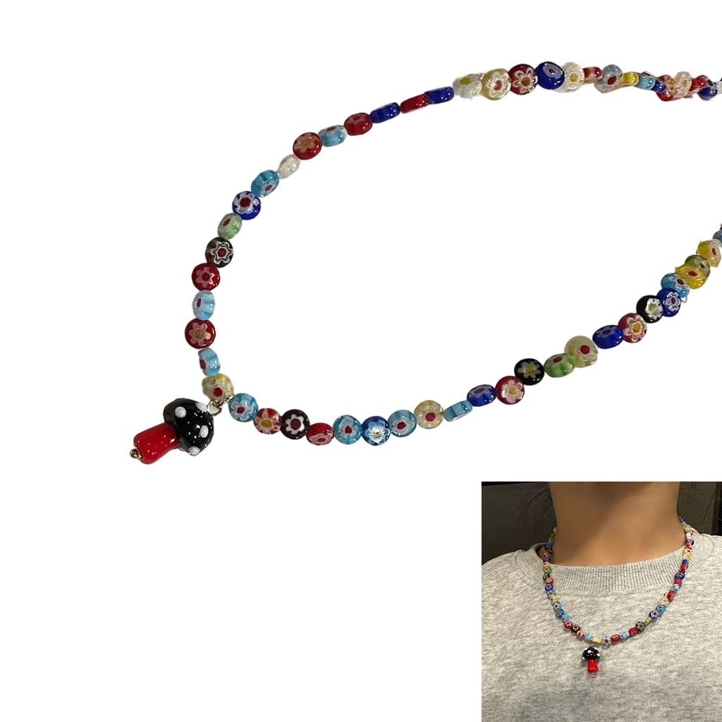 Colorful Glass Bead Necklace Featuring Mushroom Pendant and Floral Designs Decoration for Trendy Women Outfits