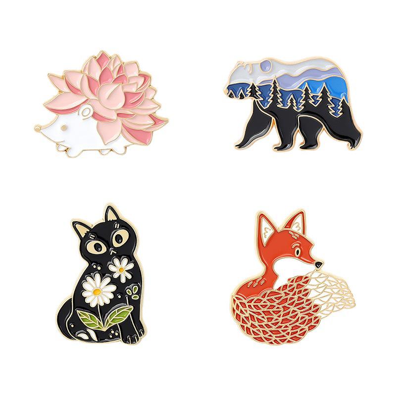 Cute Cartoon Animal Badge Series: Red Fox, Black Cat, Hedgehog Enamel Brooch Accessories