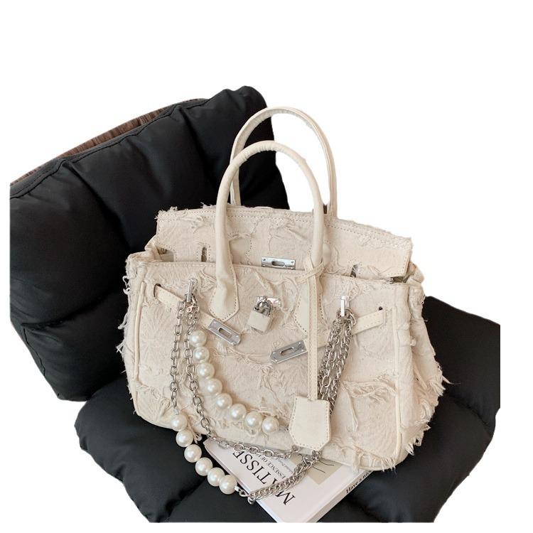 2025 Vintage Women's Denim Tote with Pearl Chain Shoulder Strap