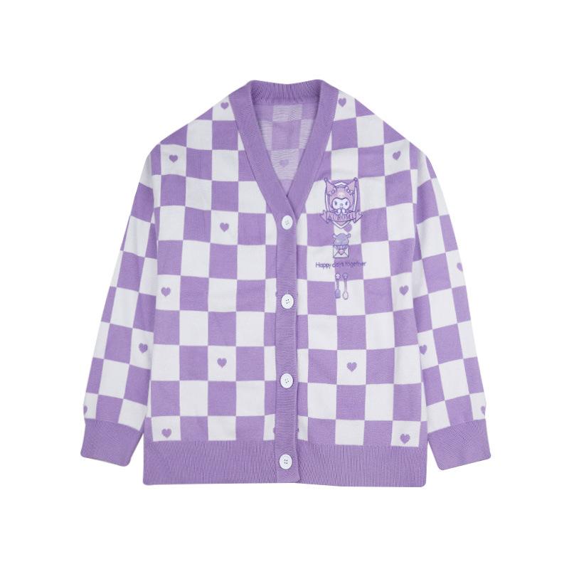 Oversized Women Knitted Cardigan Checkerboard JK Sweater Jacket Autumn Top