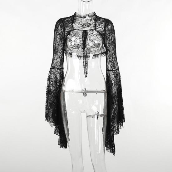 Vintage Gothic Schwarzes Spitzen-T-Shirt, elegantes Smock-Top mit ausgestellten Ärmeln, durchsichtig, sexy, abgeschnittene Tops, Cardigan, Streetwear