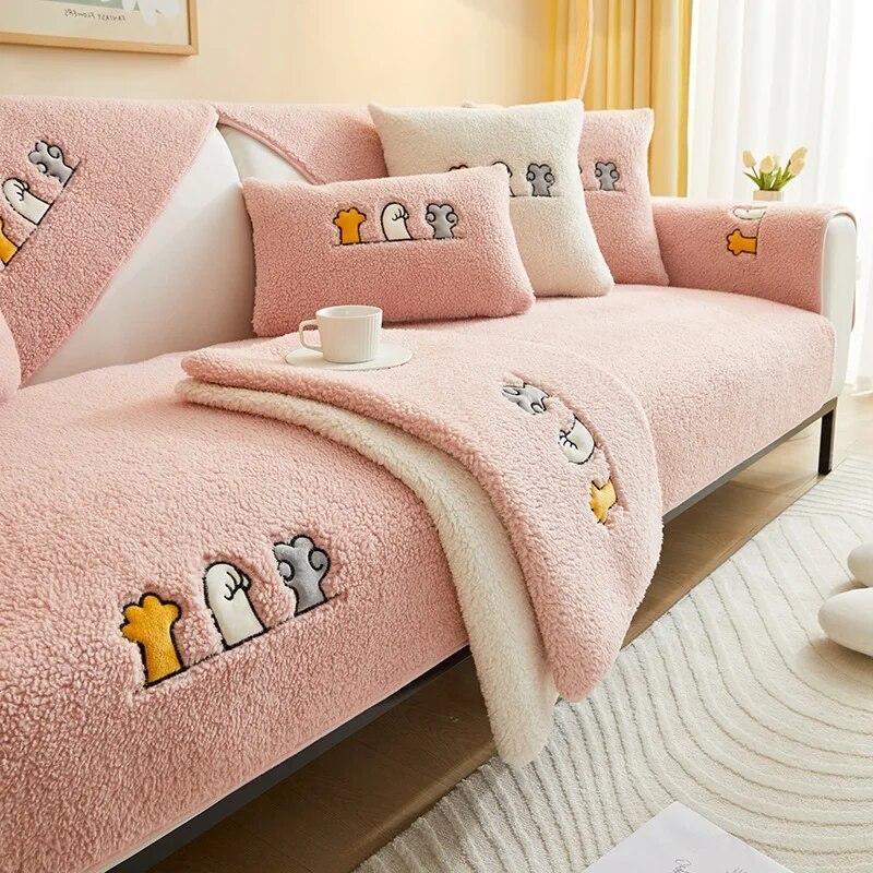 Sofabezug aus Herbst-Lammwolle, dicker Plüsch-Rückenhandtuch, rutschfester Wohnzimmer-Sofabezug, L-förmige Sofa-Armlehnen, staubdicht, warmer Bezug