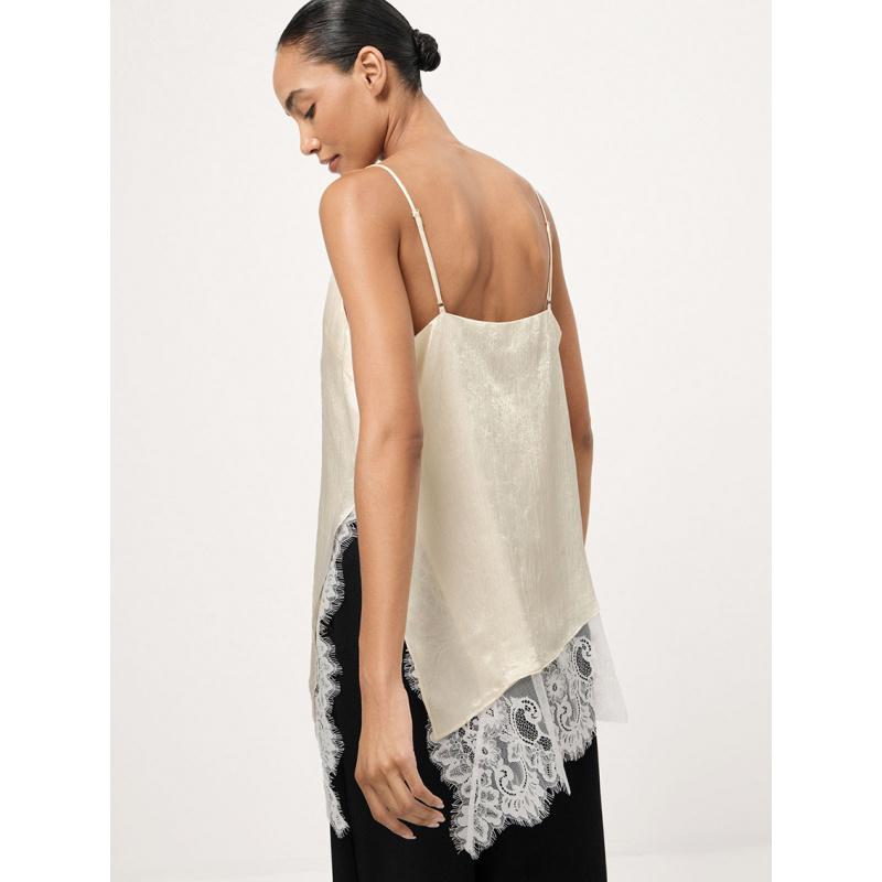 Summer V-Neck Lace Splicing Camisole For Women Elegant Trim Satin Cami Top Spaghetti Strap Shirt Tops