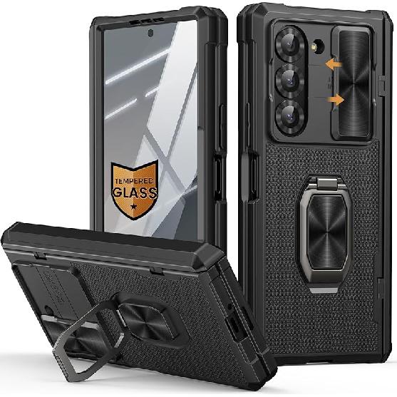 Vihibii for Samsung Galaxy Z Fold 6 Case Silicone with Ring Stand [Military Grade Drop Protection], Camera Cover & Screen Protector & Hinge