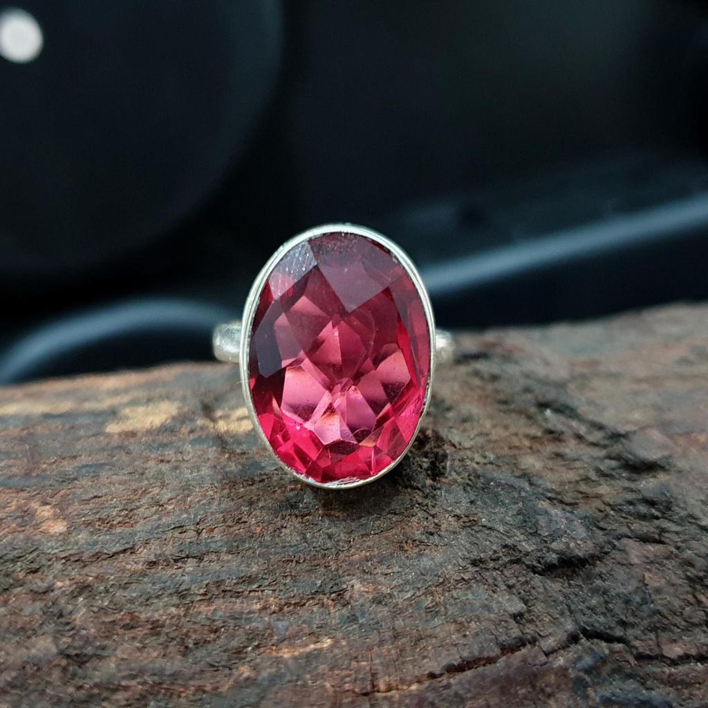 Oval Rose Cut Pink Tourmaline Quartz 925 Sterling Silver Ring Jewelry, Handmade Artisan Gift Jewelry
