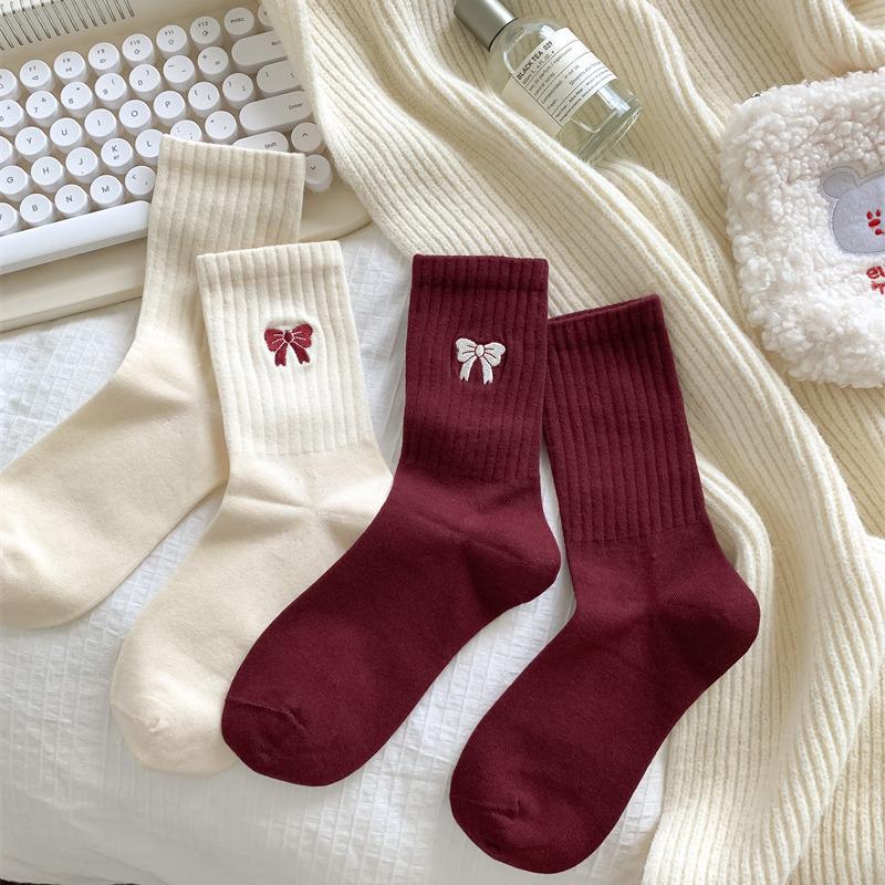 2024 Autumn/Winter Sporty Red Angora Bow Embroidered Mid-Calf Women's Socks