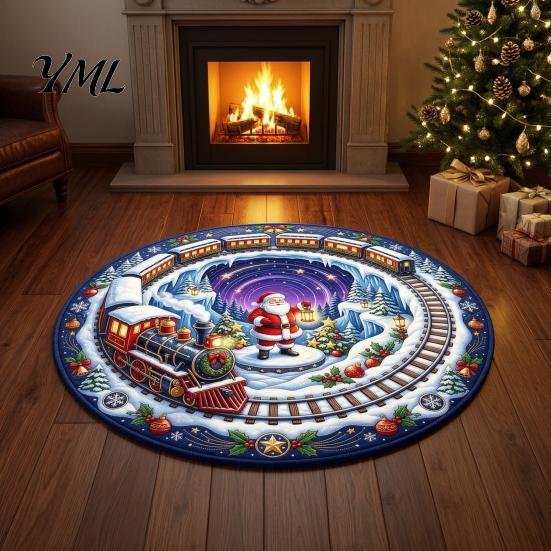 Durable Entrance Rug for Winter Round 3D Christmas Rug, Vortex Optical Illusion Area Santa Snowman Staircase Easy To Clean Holiday Depth Pattern,