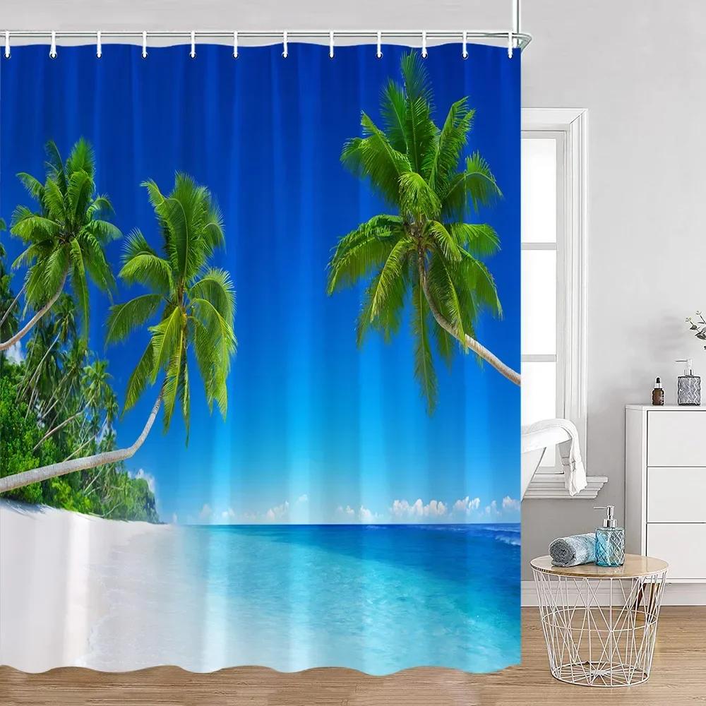 Seaside Beach Shower Curtain Summer Holiday Coconut Tree Sea View Bathroom Bathtub Decoration Polyester Shower Curtain