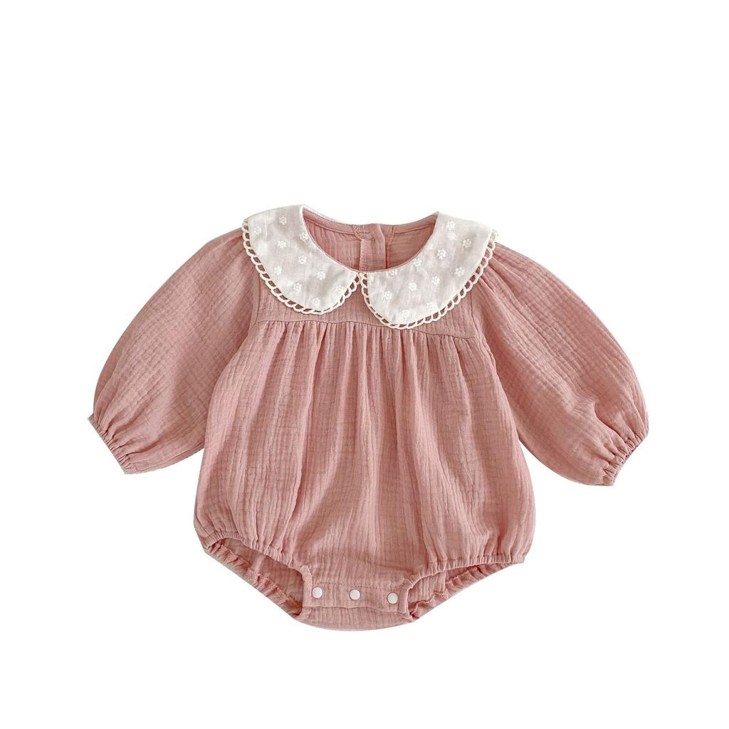 Baby Girl Solid Long Sleeve Romper with Peter Pan Collar for Spring Autumn