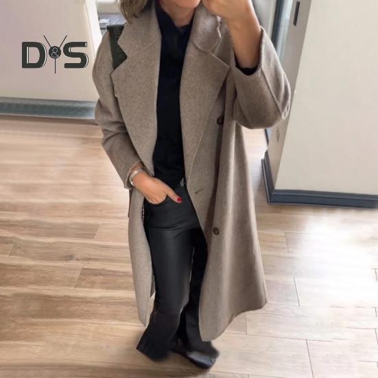 Women's Woolen Coat Autumn Winter Double-breasted Lapel Overcoat Loose-fit Solid Color Warm Long Coat for Office Daily Wear