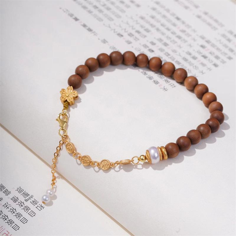 Indian Old Mountain Sandalwood & Pearl Silver-Plated Small Flower Beaded Bracelet