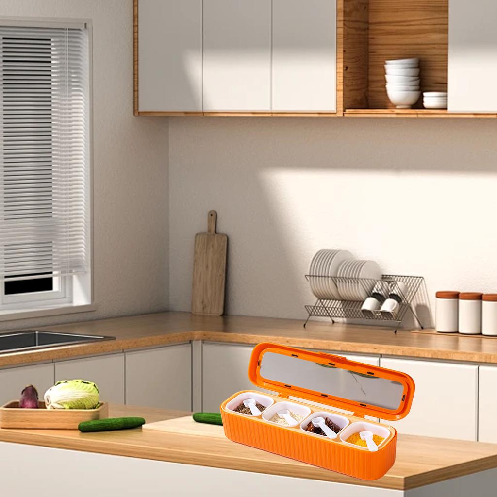 Gewürzaufbewahrungsbox Versiegelt 4 Fächer Gewürzbehälter Set Haushaltsaufbewahrungsbehälter Gewürzgläser mit Löffel