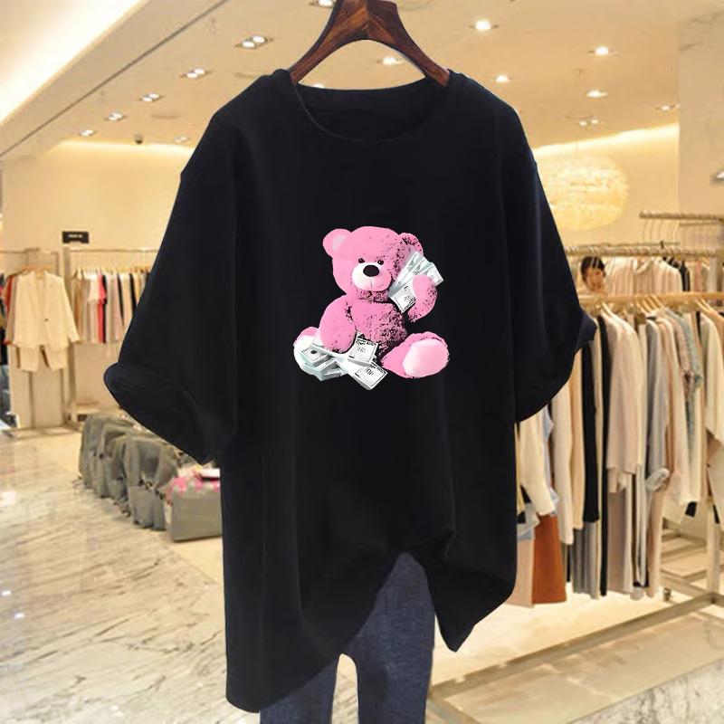 Bear print cotton short-sleeved t-shirt for women's summer new loose round neck medium and long top for women