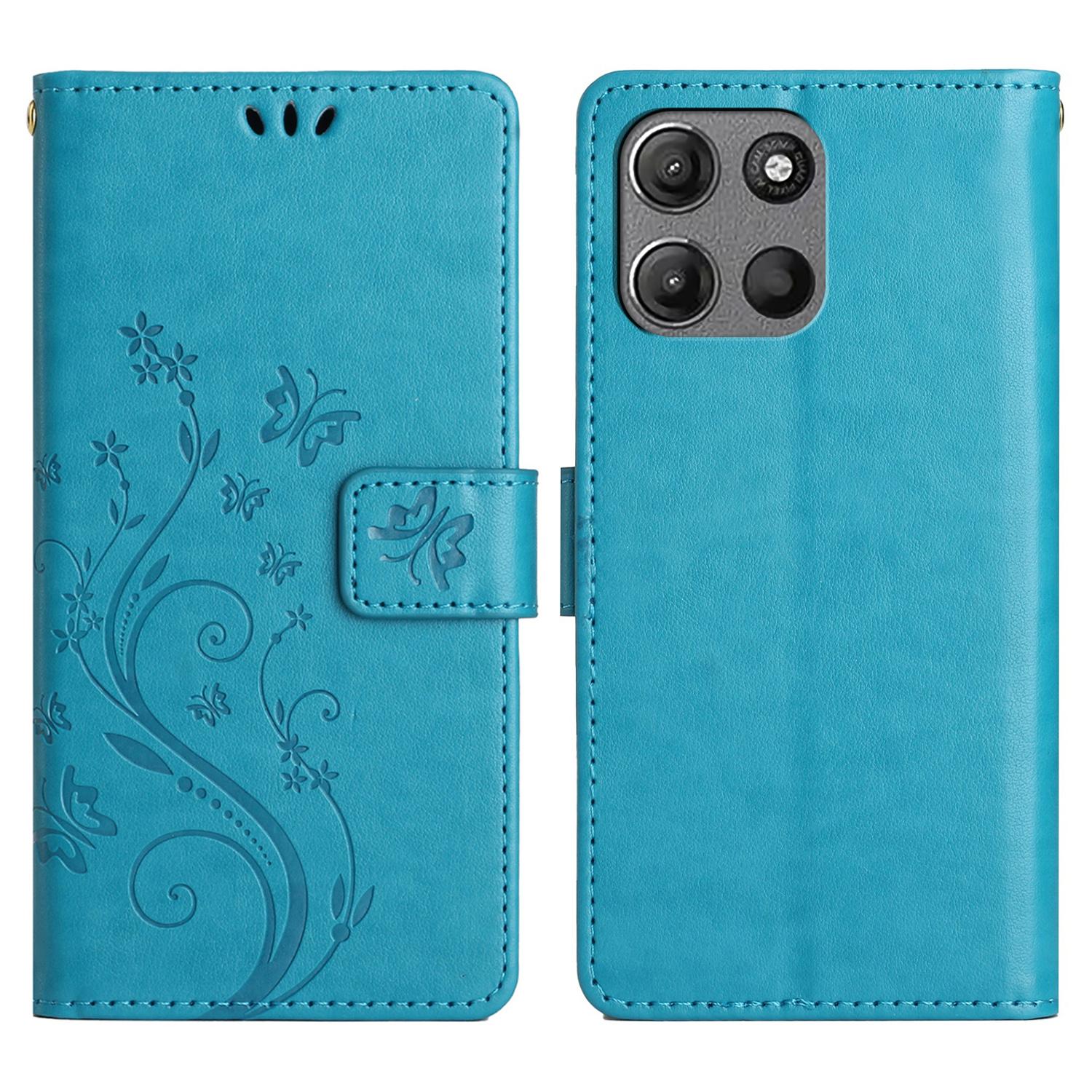 

Для Motorola Moto G 5G (2025) Шкіряний чохол-гаманець з тисненням метелика та квітки, чохол для телефону зі шнурком Blue