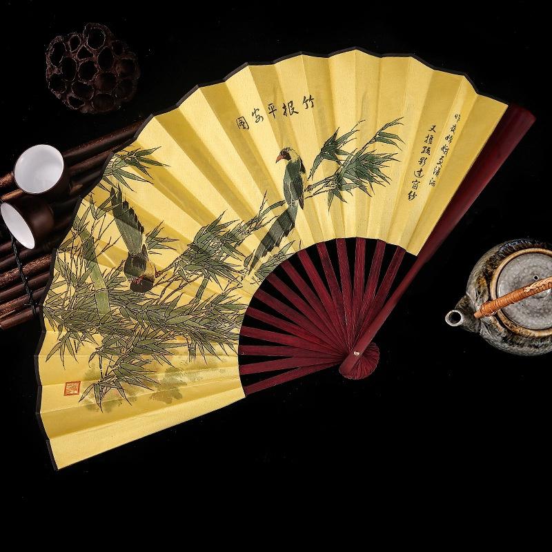 

1 шт., складной веер из шелка в стиле ретро, китайский стиль, декоративный мужской карманный веер с бамбуковой ручкой, сувениры для вечеринок, украшения дома, ремесла